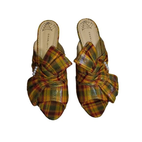 Charlotte Olympia Yellow Plaid and Pearl Bow Front Leather Stacked Heel Mules - Picture 2 of 6